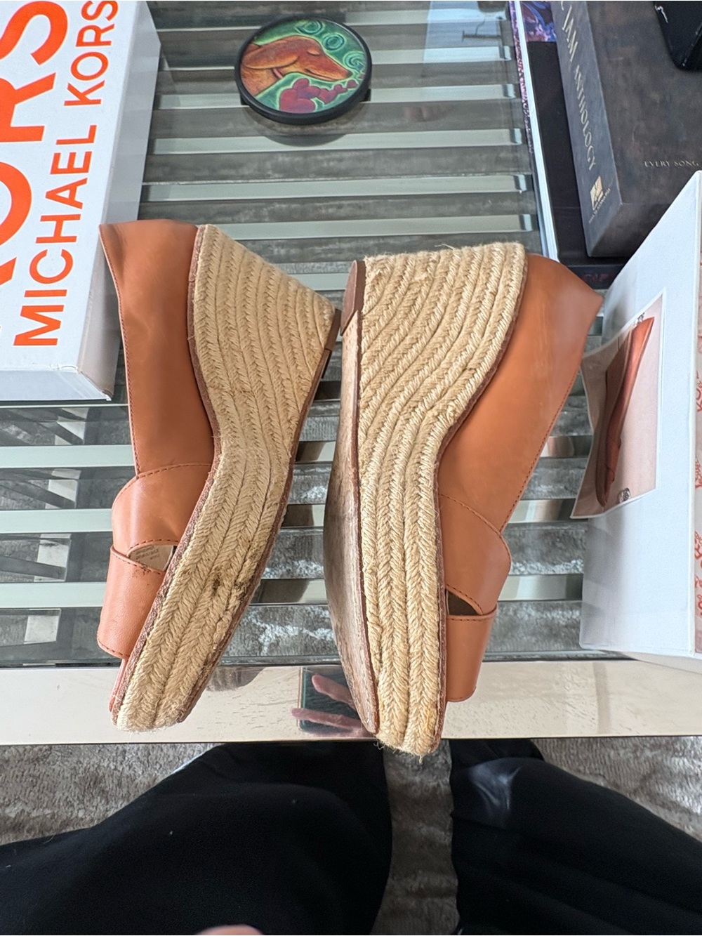 Michael Kors Cognac Leather size 10 M luggage Peep-Toe Espadrille Wedges - Picture 3 of 6